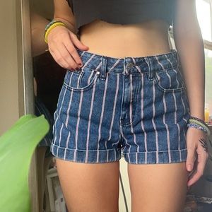 red and white pinstripe blue denim mom shorts